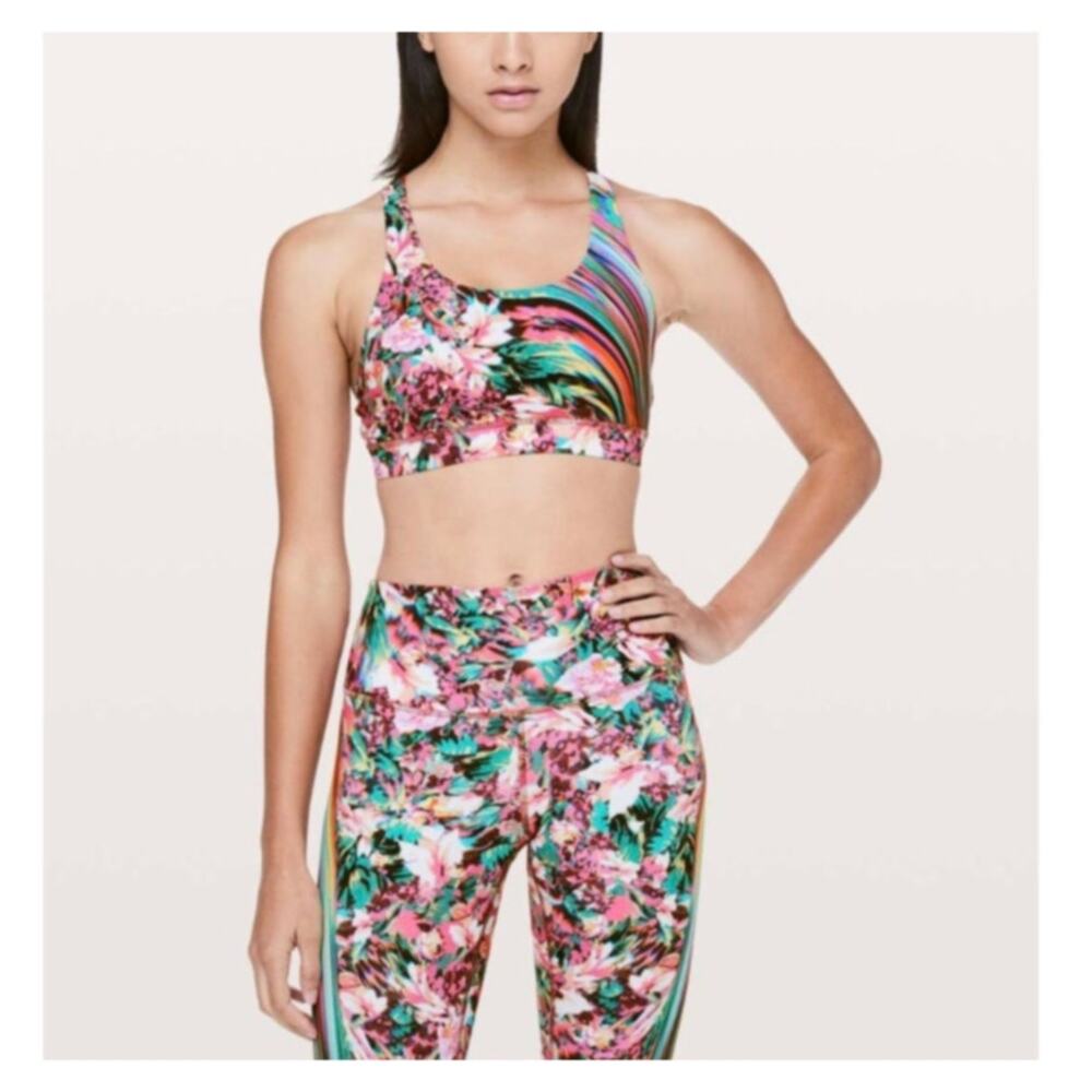 Lululemon Energy Bra Nulux Spectrum W2AXTS Pink Green Floral Stripe US 8 Sporty - Picture 8 of 10
